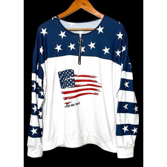 American Flag In God We‎ Trust Long Sleeve Sweatshirt Zip Neck Women Size 1XL - Picture 1 of 11